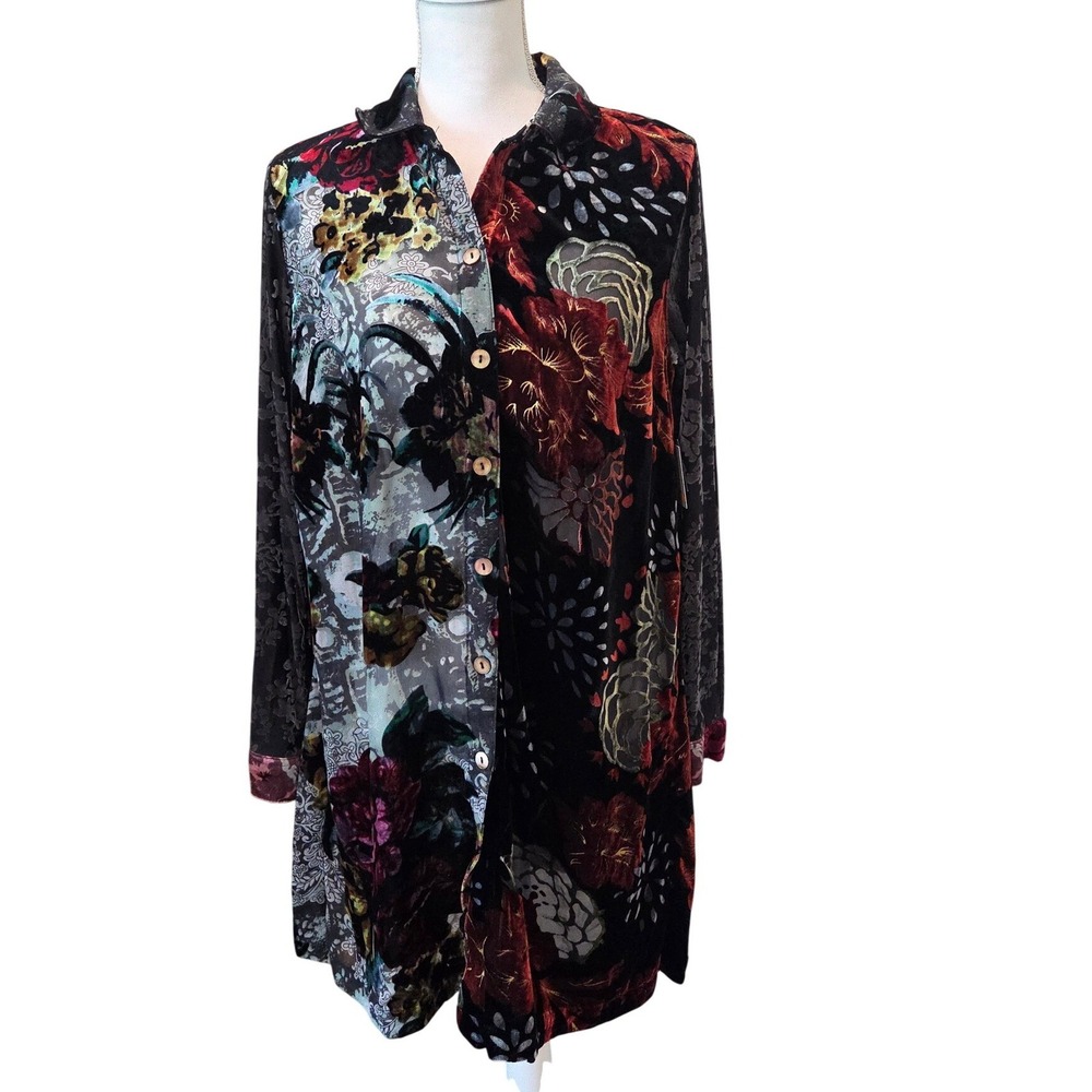 NWT John Mark Floral Velvet Burnout Tunic Mixed Media Button Front Multi Color S
